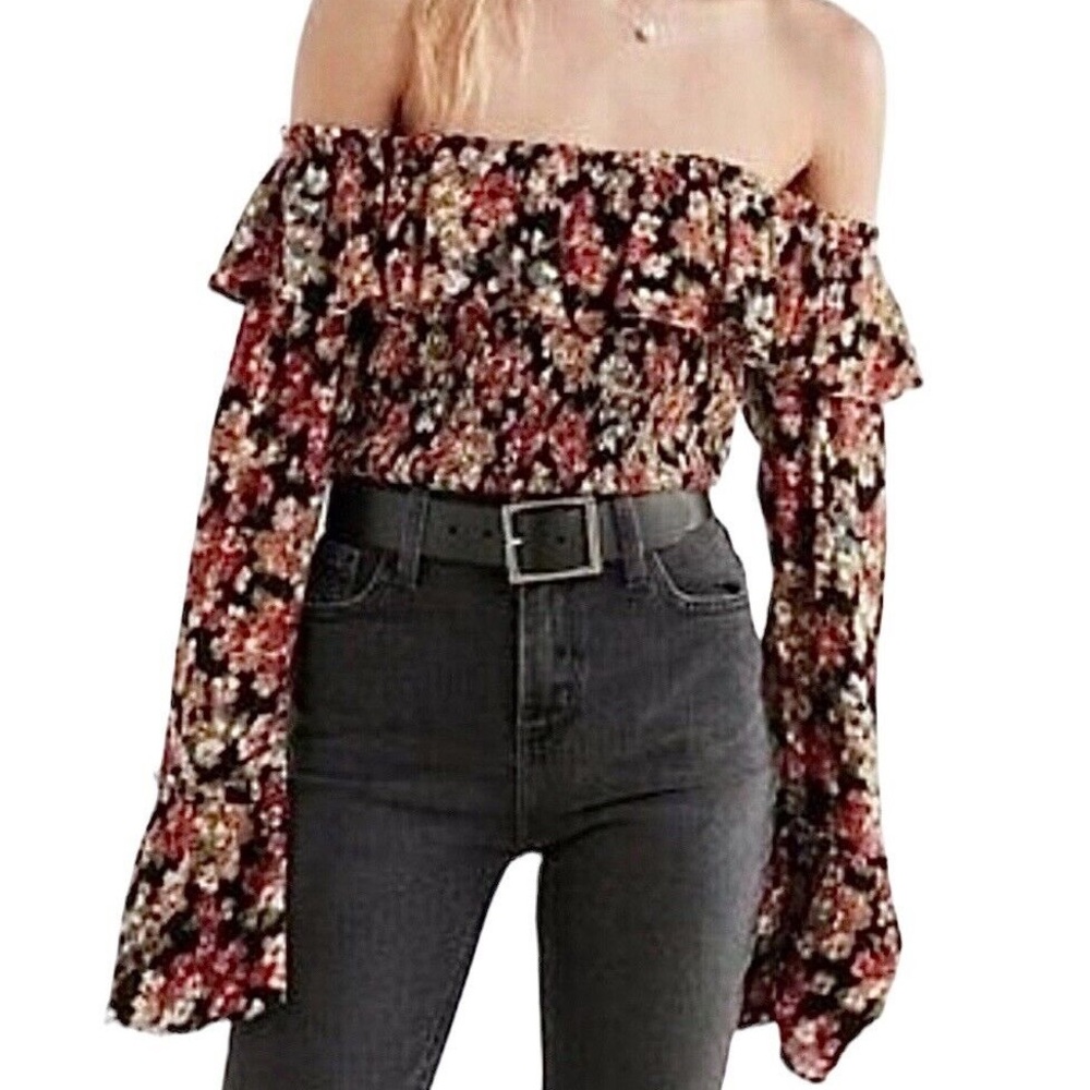 Urban outfitters cropped off the shoulder floral long sleeve top